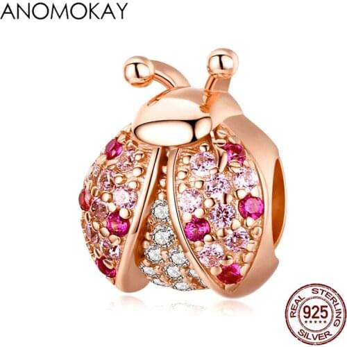 Anomokay New 925 Sterling Silver Rose Red Cubic Zircon Ladybug Charms fit Bracelets Necklace S925 Silver Insect for DIY Jewelry