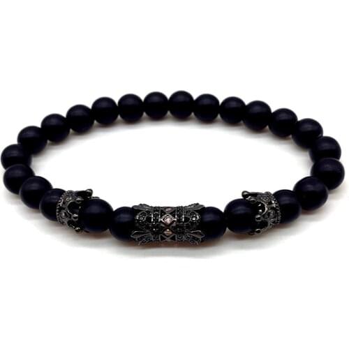 Fashion Long Tube Double Crown Charm Bracelet Men Royal Black Matte Beaded Strand Bracelet For Men Jewelry Christmas Gift