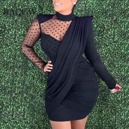 Polka Dot Print Elegant Ruched Pencil Dress Women High Necked Long Sleeve Club Party Dress Sexy Black See Through Bandage Dress