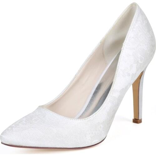 Elegant lace pointed toe high heels lady pumps wedding party bridal evening dress shoes slip on white ivory lavender classic