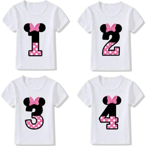 1st Happy Birthday Baby Boys Girls Tshirt Short Sleeve Pink Bow 1 Year First Tee Shirt Cotton Cartoon Kids Toddler Girls Tops