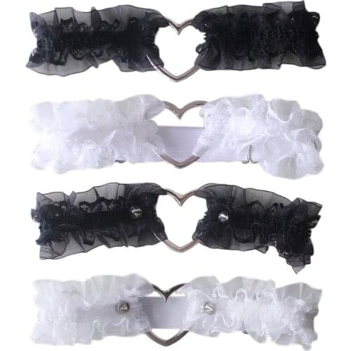 MXMA Women Girls Lolita Sweet Ruffled Lace Garter Belt Metal Heart Wedding Leg Harness Gothic Punk Kawaii Stretchy Thigh Ring