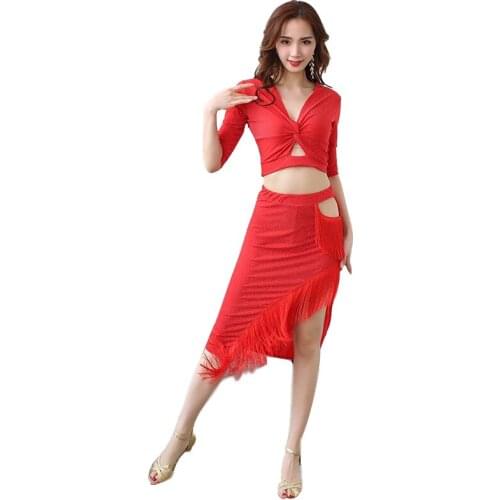 Latin Stage Performance Competition Clothes Women Dance Dress Half Sleeves Samba Costume Set 2 Pieces Top and Skirt