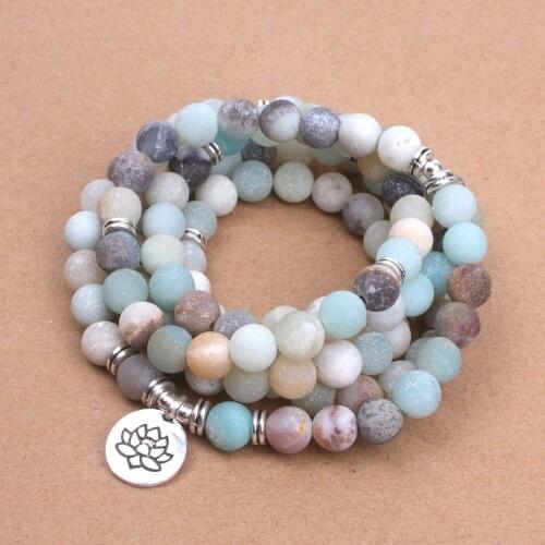 Fashion Women`s Bracelet Matte Frosted Amazonite Beads With Lotus OM Buddha Charm Yoga Bracelet 108 Mala Necklace Dropshipping