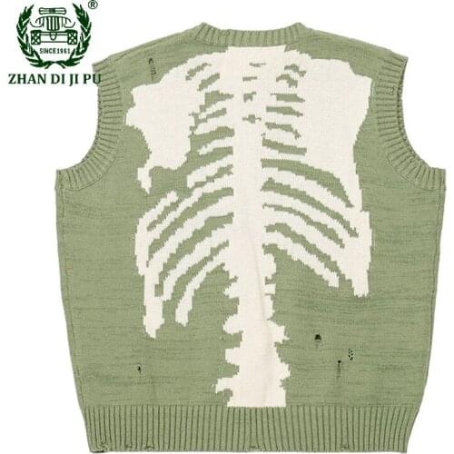 Skeleton Hole Skulls Sweaters Vest Men Women Couple Harajuku Hip-hop Oversized Cotton Pullovers High Street Casual Weatshirts