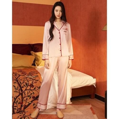 2021 New Satin Pajamas Womens Spring And Summer Silk Like Long Sleeve Trousers Printing Thin Household Suit Simple Plus Size