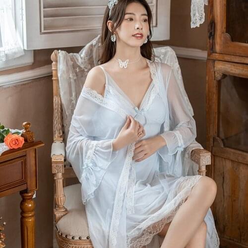Fairy Pijamas Sets Women Romantic Nightgowns Lace Robe Sets Sexy Mesh Nighty Tulle Slip Night Dress Princess Sleepwear Nightwear