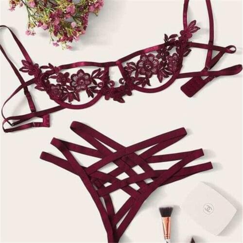Harness Appliques Hollow Out Lenceria Sexy Women Intimates Black Thongs V-String Transparent Female Underwear Bra Set RS80854