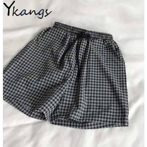 Black White Plaid High Waist Shorts Summer New Breathable Womens Thin Wide-leg Shorts Korean Fashion Loose Ladies Sports Shorts