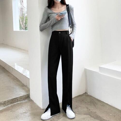 Vintage Long Flare Pants Women Korean Streetwear Sexy High Waist Trousers Lady Casual Front Split Bell Bottom Long Pant Femme
