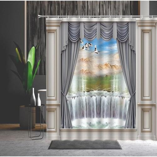 Chinese Style Shower Curtain Outside The Window Landscape Waterfall Flower Natural Scenery 3D Printed Waterproof Bath Curtains