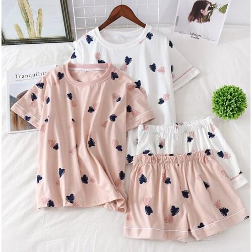 Womens Pajamas Sets Cotton Heart Print Short-Sleeve Sleepwear Home Clothes Leisure Pijama Mujer Loose Summer Nightwear 2 Pieces