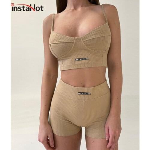 InstaHot Women Two Piece Outfit Short Set 2021 Solid Cami Crop Top And Short Summer Matching Sweatpant Letter Tracksuit Female