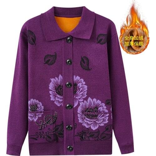 New Mother Autumn Winter Thick Clothes Knitwear Long Sleeve Flower Printing Button Sweater Cardigan Plus Size Soft Warm Coat Top