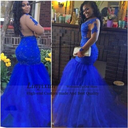 Royal Blue African Prom Dresses Mermaid Long Sleeves Backless Lace Evening Gowns Sexy Black Girls robes de soirée Custom Made