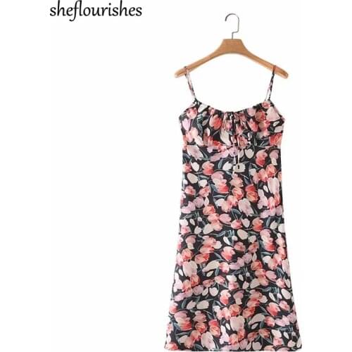 Summer dress 2021 party dresses vintage floral print dress korean spaghetti strap dresses black u neck boho dress holiday