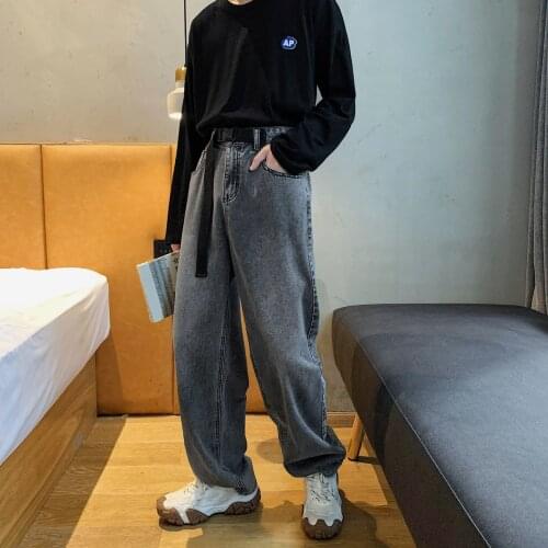 2021 Mens Send Belt Loose Baggy Homme Straight Pants Classic Cargo Pocket Jeans Blue Casual Pants Biker Denim Trousers S-2XL