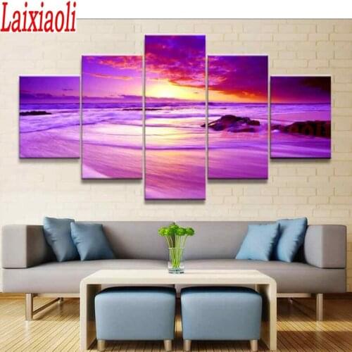 Purple sea sunset landscape 5d diamond painting full mosaic 5pcs diamond embroidery full square/round drill romantic view decor