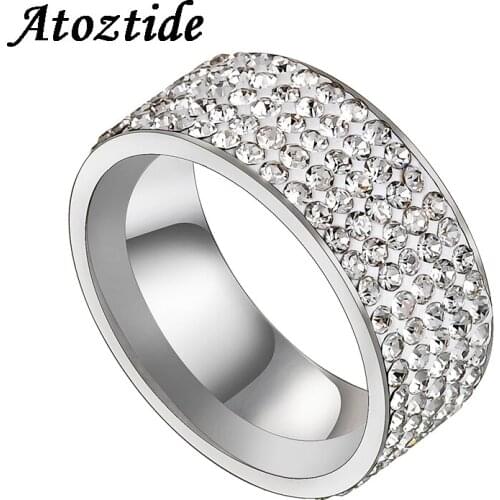 Atoztide 10mm Stainless Steel 2-5 Rows Line Clear Crystals Rings Fashion Round Love Midi Finger Ring Wedding Gift
