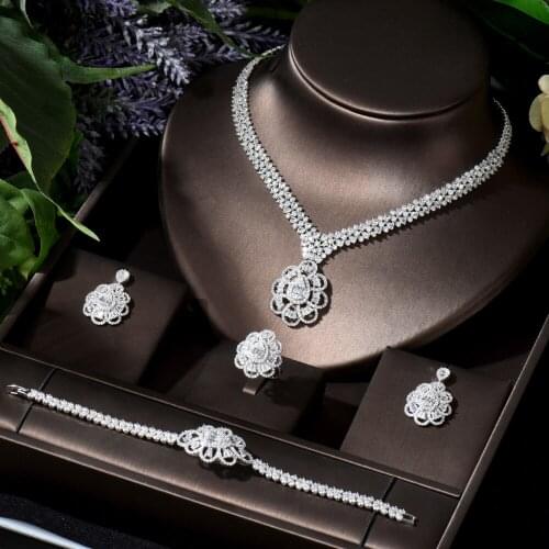 HIBRIDE Unique Brilliant Cubic Zirconia Wedding Jewelry Set Big Flower Shape Africa Luxury Bridal 4pcs Set Festival Dress N-819