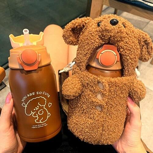 Kawaii 450ml Stainless Steel Kids Thermos Water Bottle With Straw Cute Plush Cup Cover Baby Student Thermal Water Cup Girl Gifts