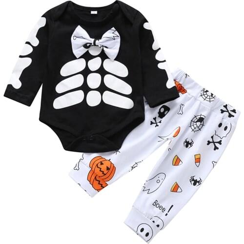 Infant Baby Girls Boys Halloween Two-piece Clothes Set, Black Long Sleeve Romper and Printed Pattern Trousers