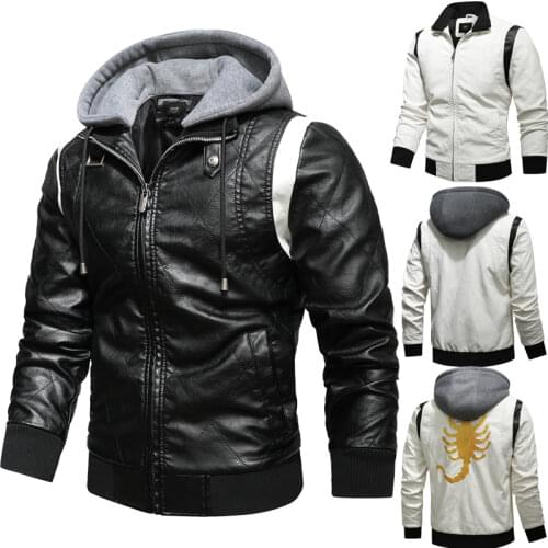 Autumn Winter Bomber Leather Jacket Men Scorpion Embroidery Hooded Jacket PU Leather Motorcycle Mens Jackets and Coats