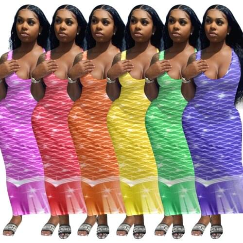 Summer Women Bodycon Long Maxi Dress Sleeveless Elegant Gradient Party beach bohemian dress Outfits Sexy Club Vestidos