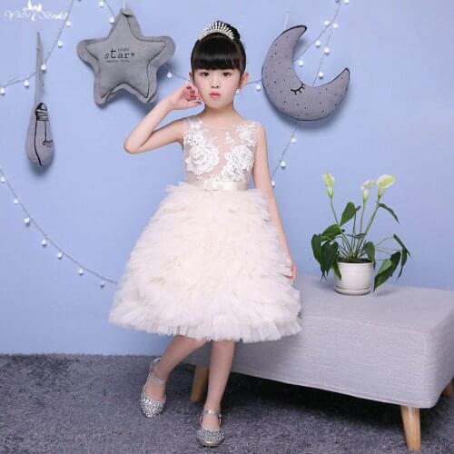 TF012 See Through Fashion Ruffle Champagne Strap With Bow Flower Girl Dresses Pageant Ball Gowns For Girls