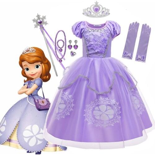 Fancy Princess Sofia Dress Toddler Girl Halloween Sophia Cosplay Party Costume Floral Appliques Ball Gown Carnival Fairies Dress