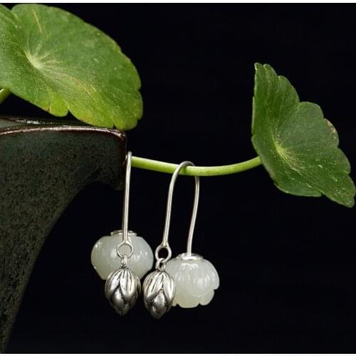 Natural retro 925sterling silver mosaic lotus hetian jade lotus jasper earrings long flower women jade earrings luxury