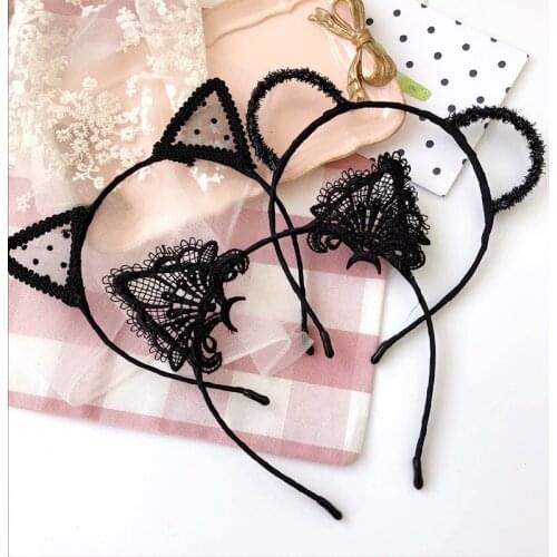 Women Hair elastic headbands Fashion Black Lace Cat Ears Headband Wedding Photography Portrait Style Hair Hoop hair accessories
