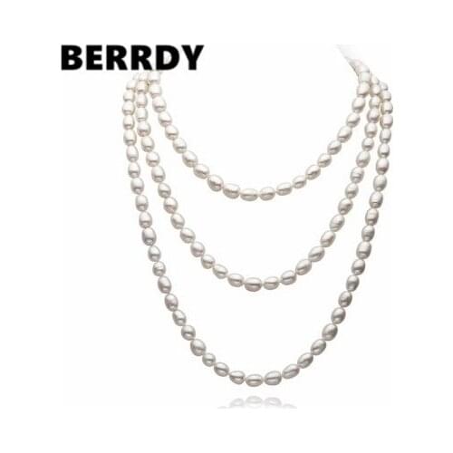 REAL PEARL Freshwater Cultured Pearl Necklace Long Pearl Jewellery 7-8mm for Valentines Day Ladys Gift 3 Color