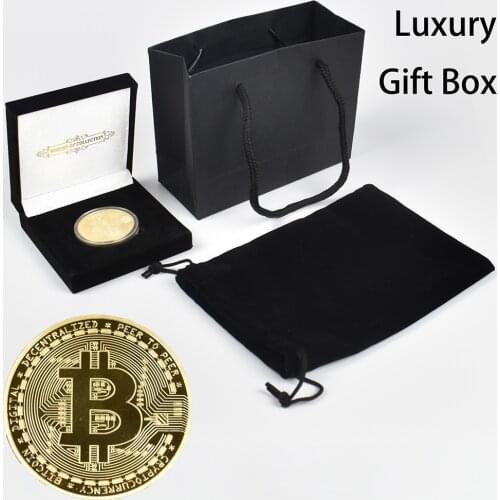 Gold Plated Bit coin BTC Coin with Luxury Gift Box and Handbag Metal Commemoration Coin