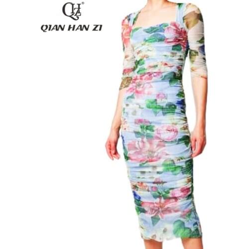 Qian Han Zi 2021 Spring/Summer Designer Runway Fashion Dress Women Flower print Elegant slim Middle length bodycon dress