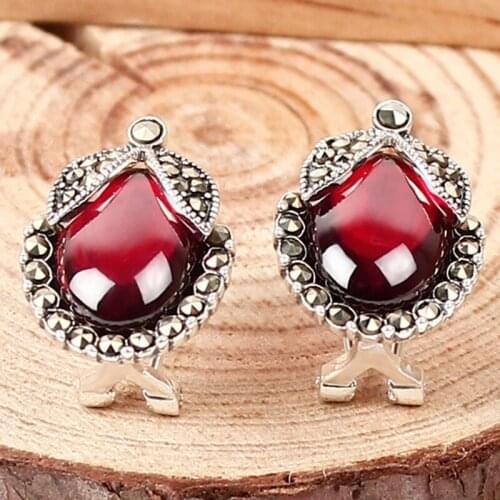 S925 sterling silver earrings earrings Thai Garnet Vintage Jewelry wholesale custom inlay blue ear clip earrings