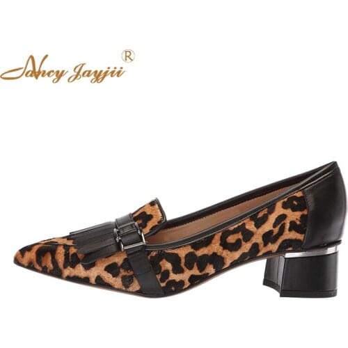 Luxury Leopard Fur Cool Slip On Pumps Elegant Pointed Toe Low Block Heels Tassel Spring Fashion Women Shoes 2019 NANCYJAYJII