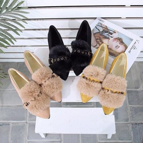 Women Shoes Loafers New Rivet Pointed Toe Fur Flats Slip on Low Heels Shoes Woman Warm Plush Belt Buckle Sexy Ladies Shoes