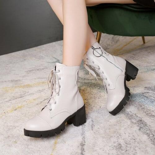 Street motorcycle boots round toe ankle boots fashion lace-up zipper rivets black beige high heels thick womens shoes big size