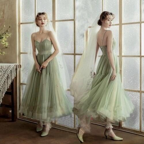 Vintage Sage Spaghetti Short Country Wedding Dress A Line 2021 Ankle Length Ruffle Tulle Bridal Gowns Straps Back Lace-up Simple