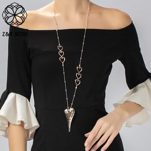 Vintage Sweet Heart Circles Long Chain Collar Necklace Geometric Trend Pendants Costume Jewelry for Women Suspension Accessories