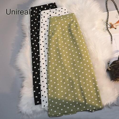 Unireal 2021 Summer Women Chiffon Skirt Elastic High Waist Vintage Polka Dot Print Midi Skirt Vocation Wear