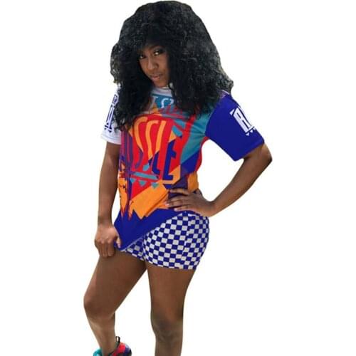 Summer plaid print women set o neck 2 pieces tops and shorts suit lady fashion two pieces outfits DBL7321