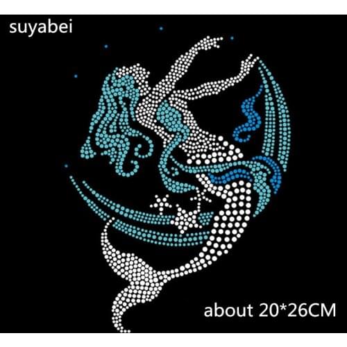 2pc/lot mermaid sea-maid rhinestones motif hot fix rhinestone transfer motifs iron on crystal transfer patches for shirt