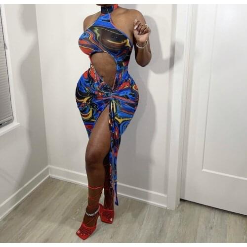 BKLD 2021 Summer New Style Sexy Clothes For Women Mesh See-Through Patchwork Tie-Dye Print Backless Halter Neck Dress Clubwear