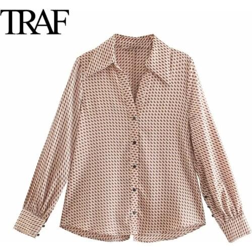 TRAF Women Clothing Geometric Print Long Sleeve Blouses Button Up Loose Shirt Chic Office Ladies Tops Mujer