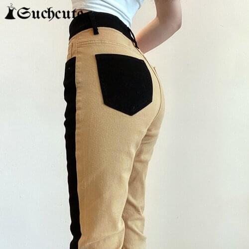 SUCHCUTE Streetwear y2k Fashion Patchwork Denim Pants For Women High Waist Contrast Color Straight Pants Harajuku Mujer Pantalon