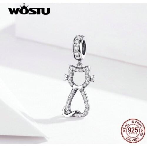 WOSTU Sweet Cat Animal Dangle Charm 925 Sterling Silver Zircon Beads Fit Original DIY Bracelet Silver 925 Jewelry Making FIC1162