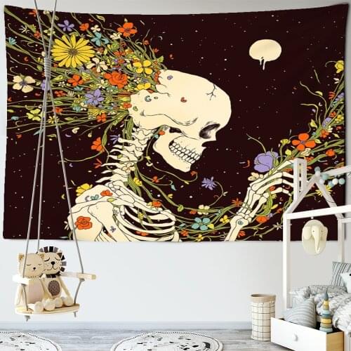 Skull King Meditating In astronaut Flower Tapestry Mandala Carpet Hippie Divination Tarot Ouija Witchcraft Wall Hanging Blanket