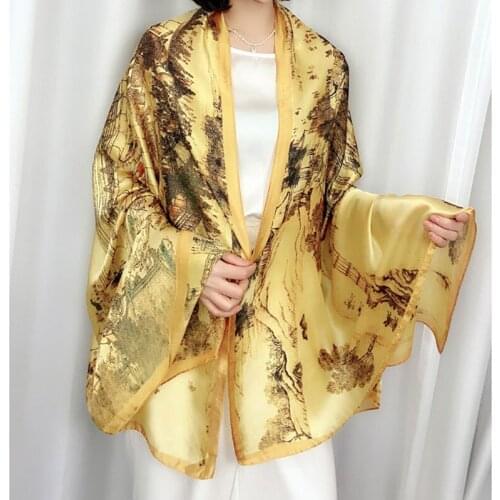 Elegant And Fashionable Chinese Style Ladies Shawl Noble Luxurious Landscape Flower Insect Printed Pattern Imitation Silk Scarf